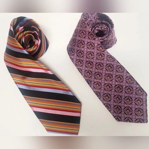 Robert Talbott Tie Duo of Luxe Vibrant Neckties 1 Stripe 1 Geometric Black/Pink - Picture 2 of 10